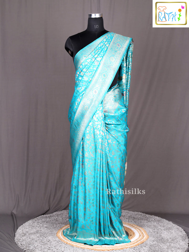 Majestic Teal Blue Synthetic Saree