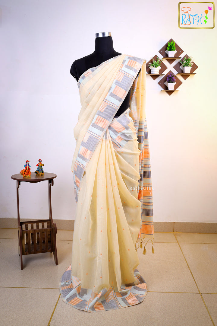 Pastel Cream & Peach Woven Border Synthetic Organza Saree