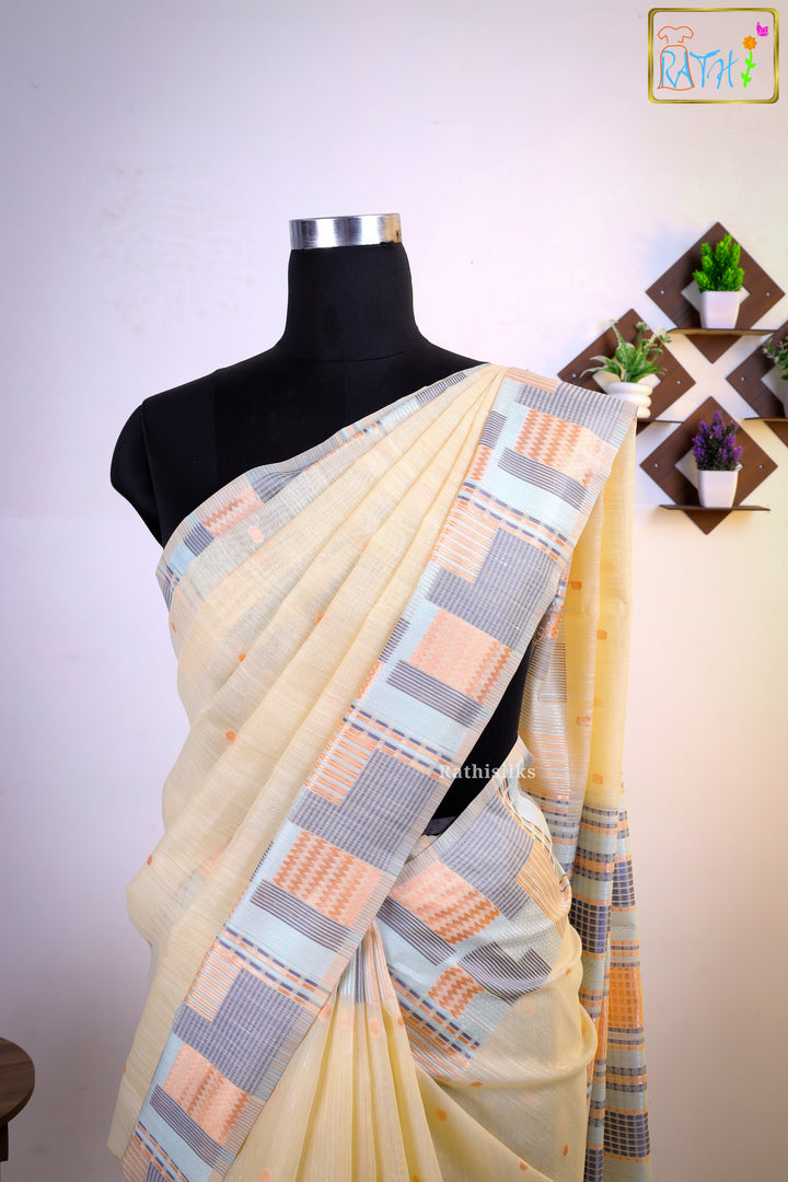 Pastel Cream & Peach Woven Border Synthetic Organza Saree