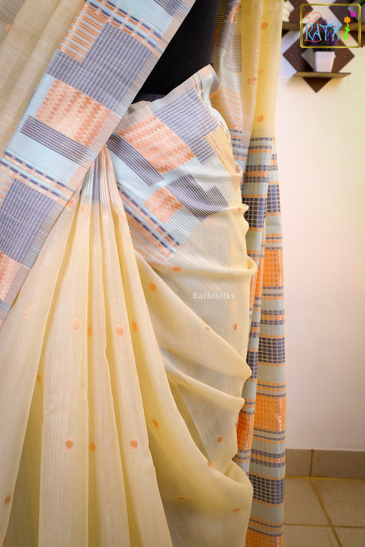 Pastel Cream & Peach Woven Border Synthetic Organza Saree