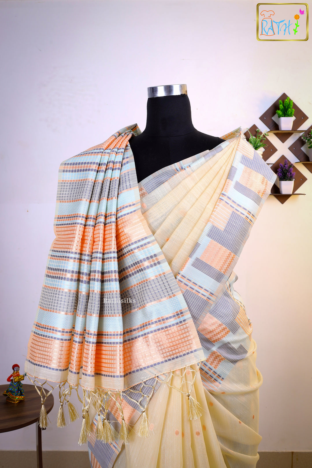 Pastel Cream & Peach Woven Border Synthetic Organza Saree