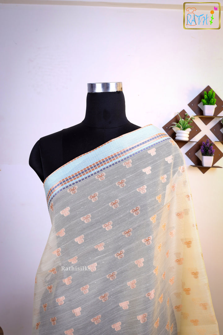 Pastel Cream & Peach Woven Border Synthetic Organza Saree
