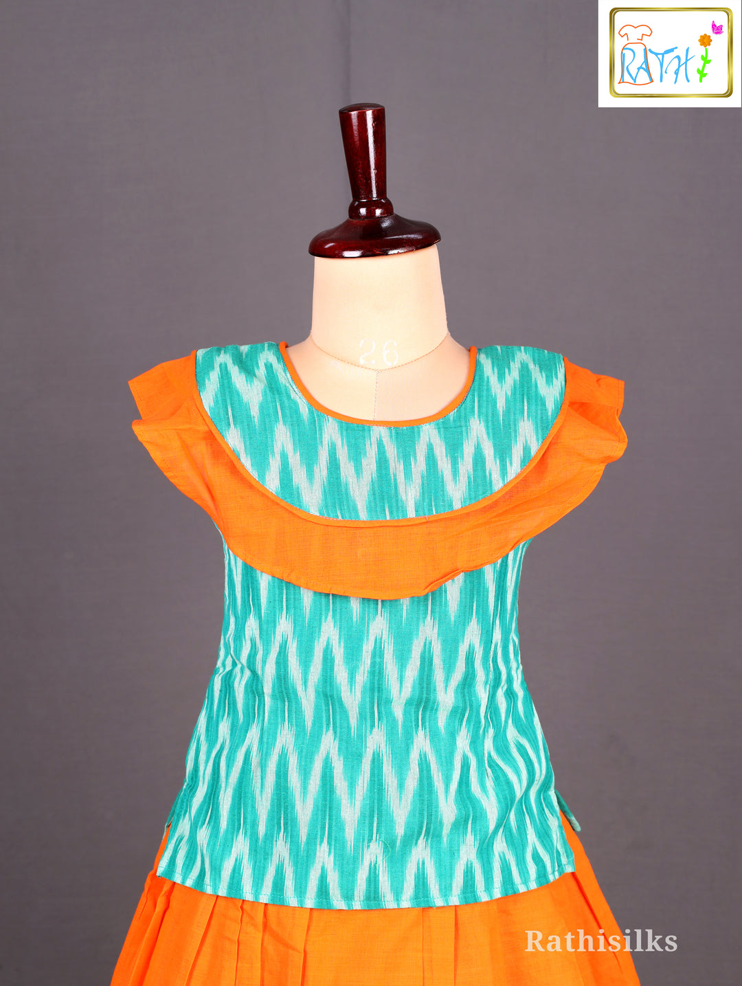 Orange and Green Ikat Cotton Pavadai Set