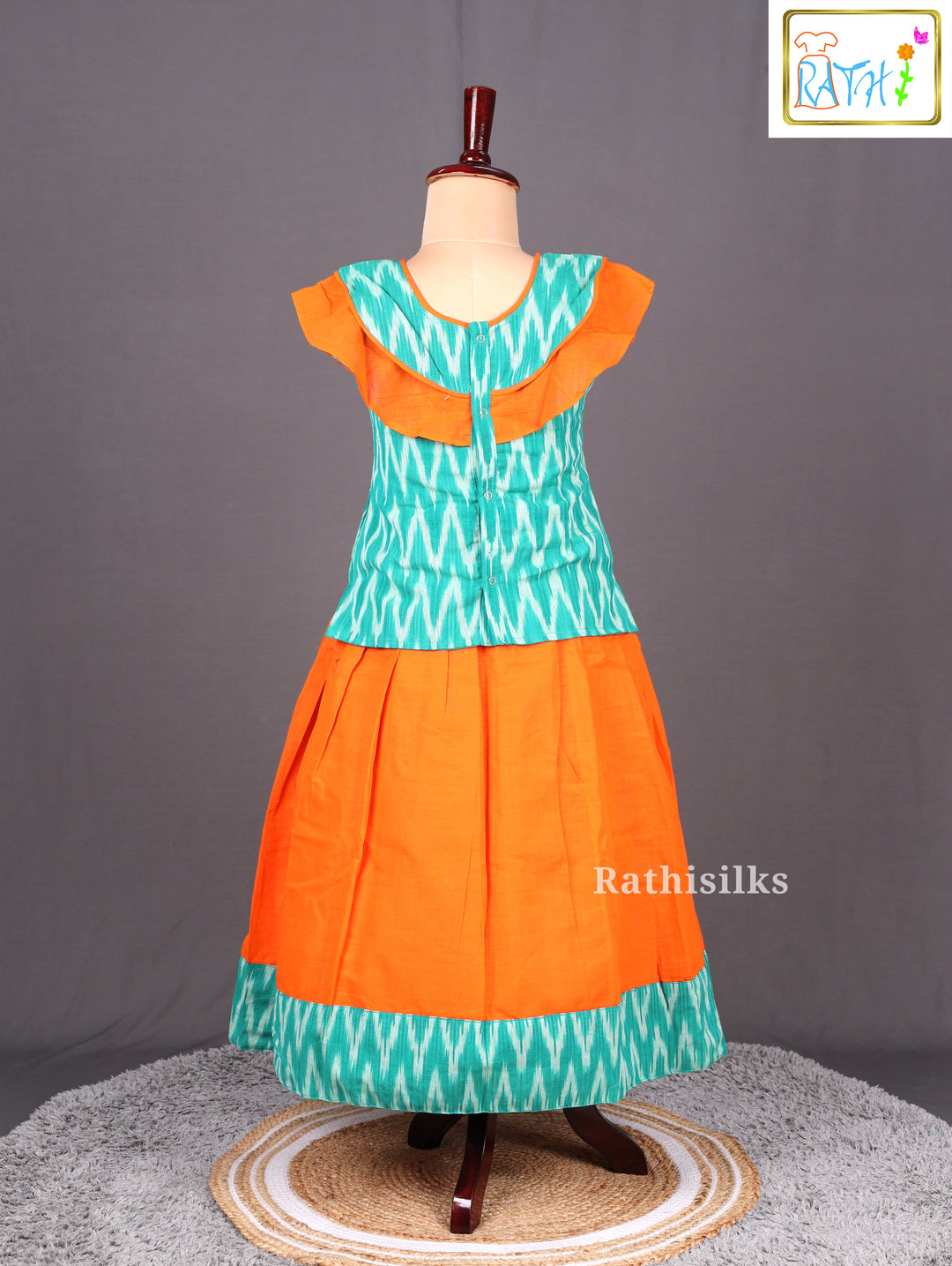 Orange and Green Ikat Cotton Pavadai Set