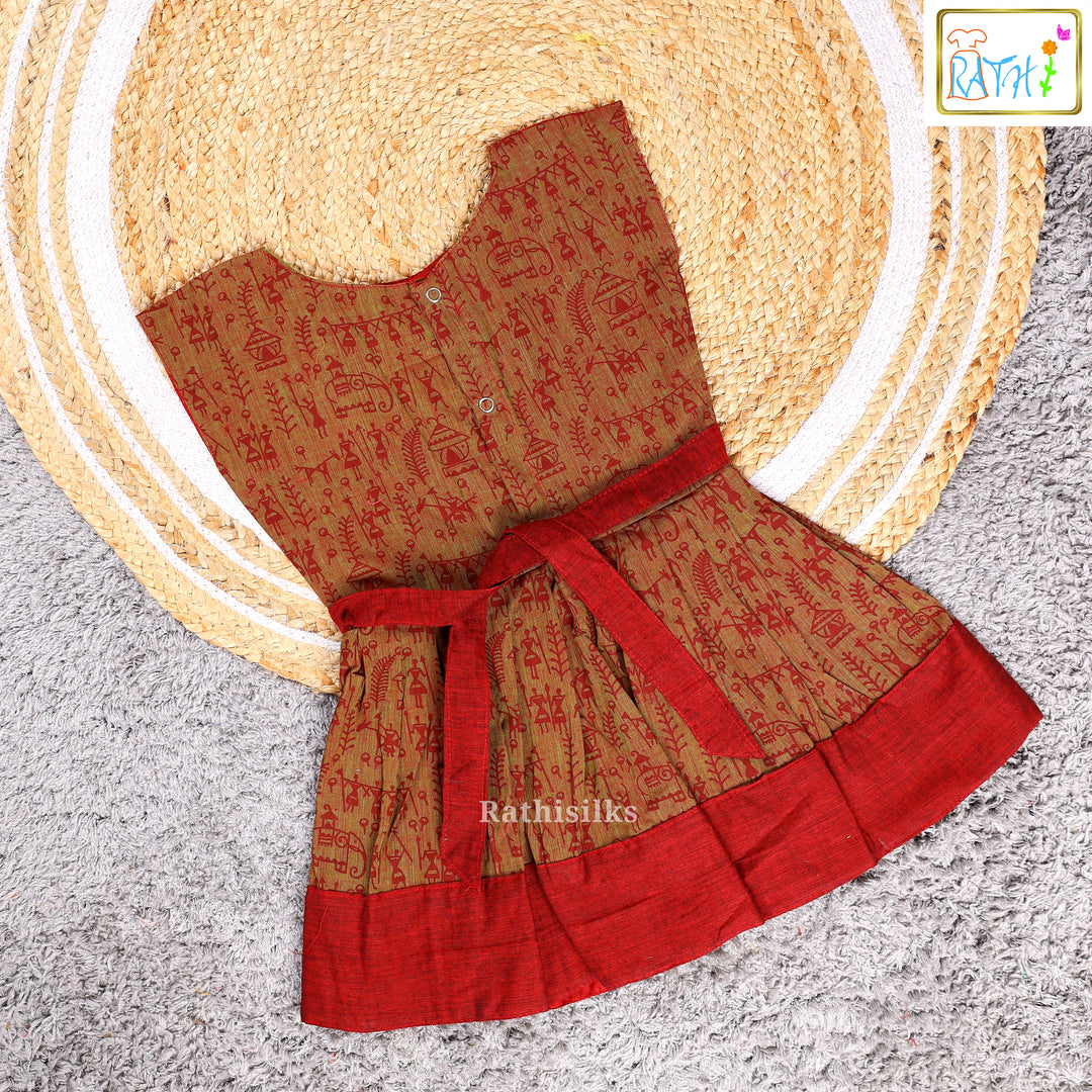 Elegant Brown & Maroon Mangalagiri Cotton Short Frock