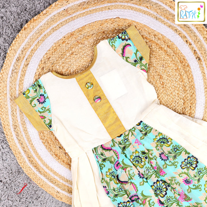 Cream & Aqua Kerala Kasavu Style Frock