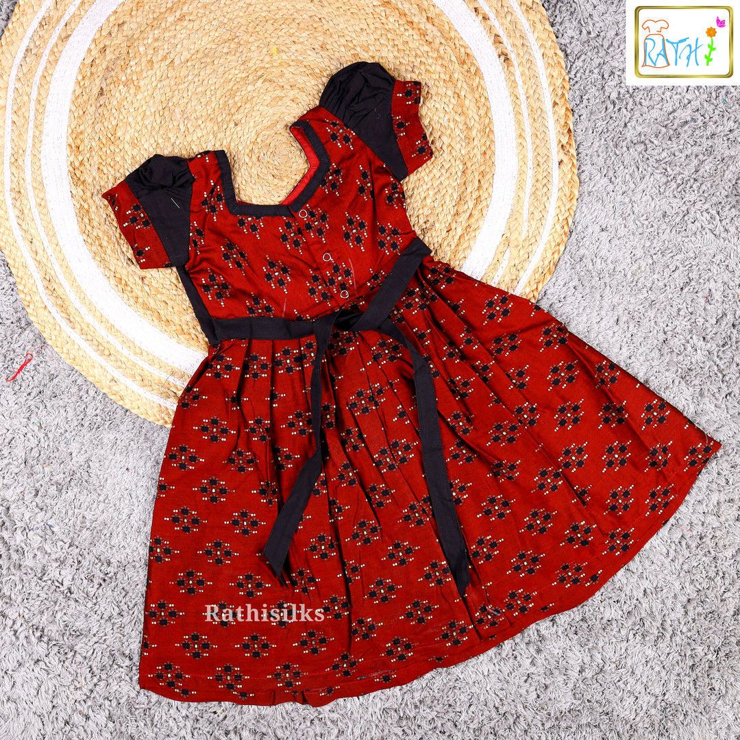 Elegant Maroon & Black Cotton Frock