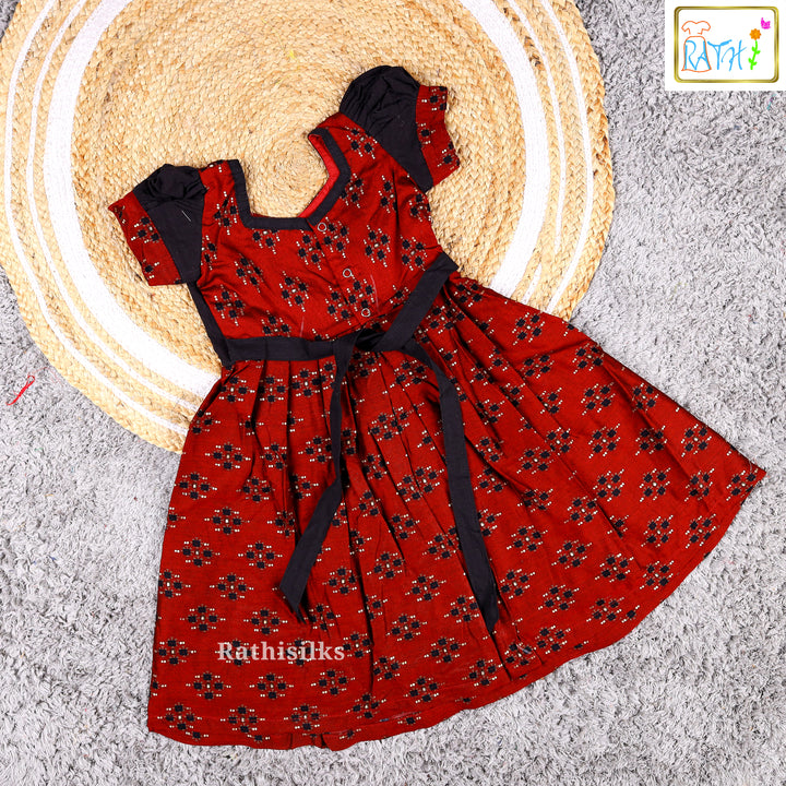 Elegant Maroon & Black Cotton Frock