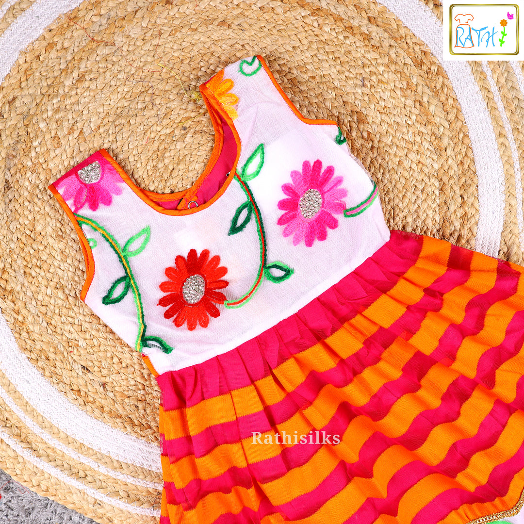 Vibrant Pink & Orange Embroidered Frock