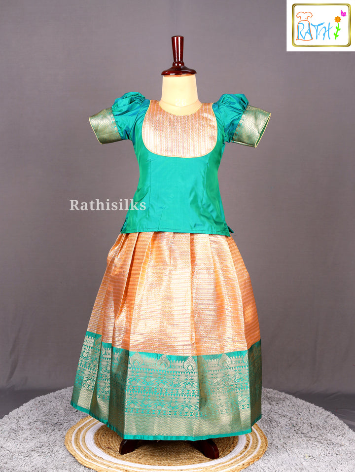 Green Karishma Top with Peach-Gold Art Silk Pavadai Set