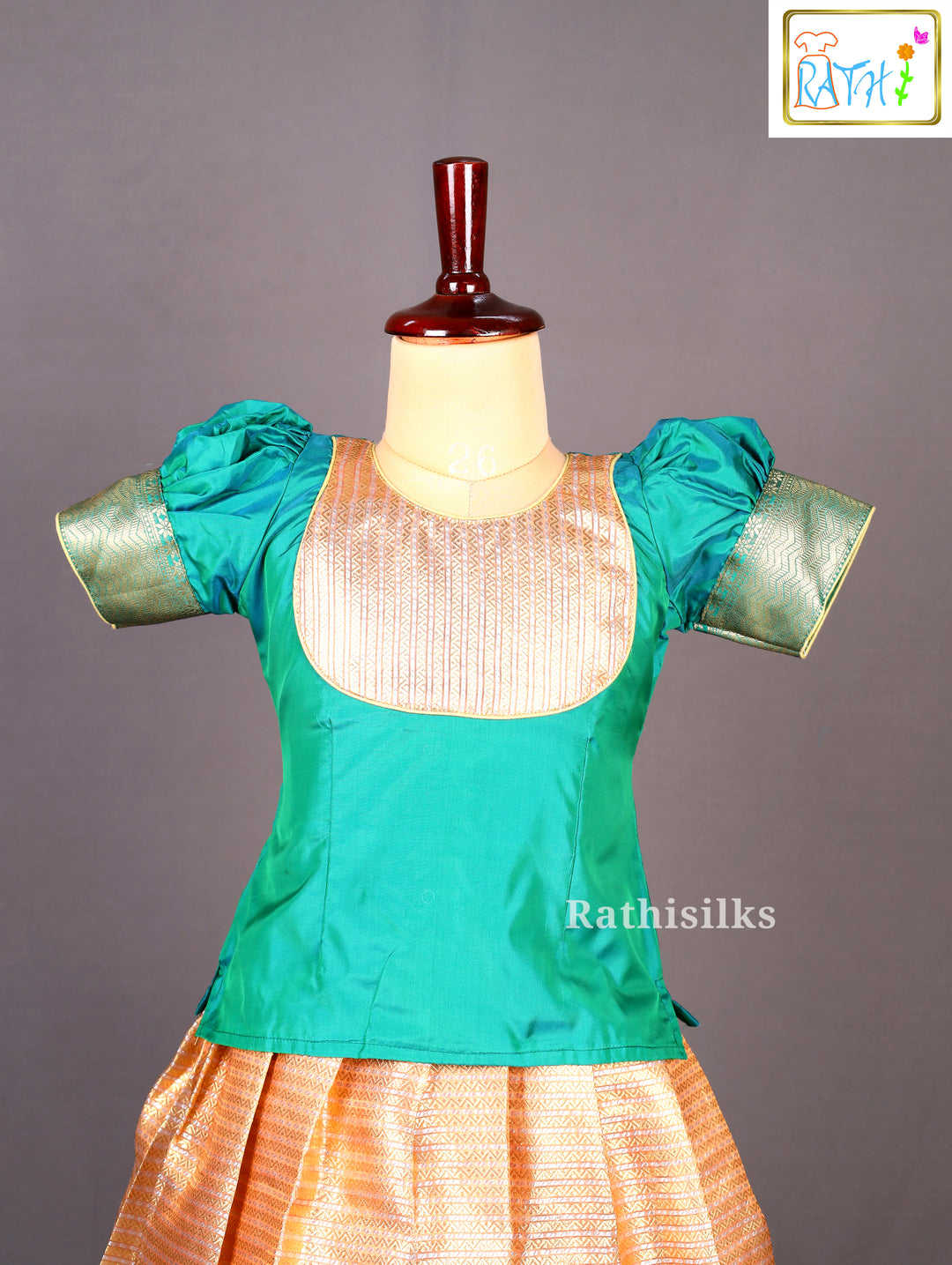 Green Karishma Top with Peach-Gold Art Silk Pavadai Set