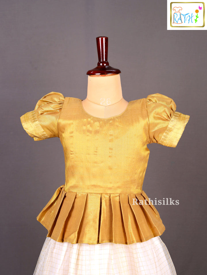Gold Blouse with White Kerala Tissue Pavadai Set