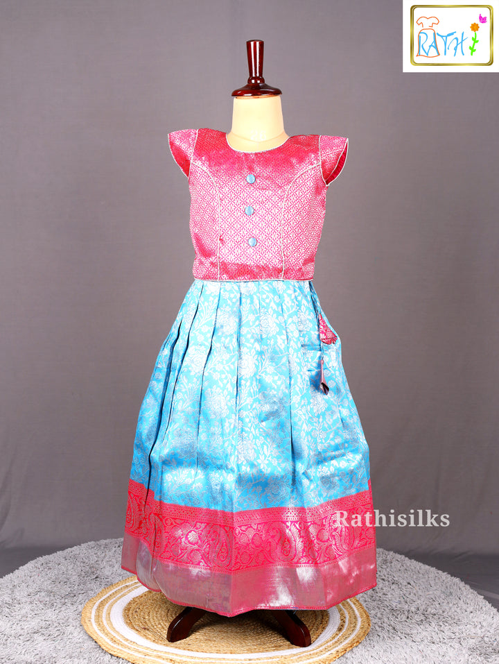 Pink Banarasi Top with Blue Banarasi Pavadai Set
