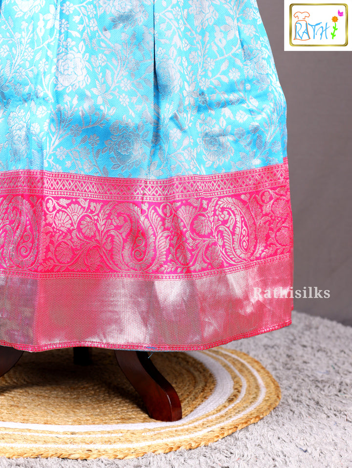 Pink Banarasi Top with Blue Banarasi Pavadai Set