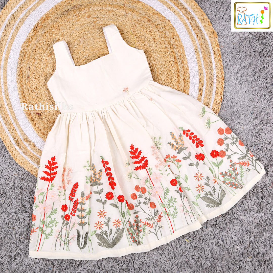 Elegant Cream & Green Embroidered Cotton Frock