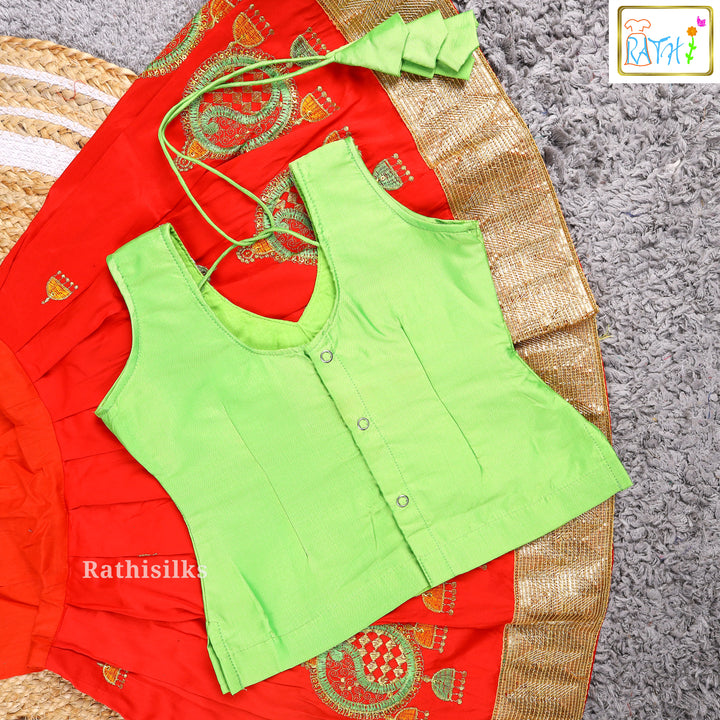 Green Embroidered Blouse with Red Art Silk Pavadai Set