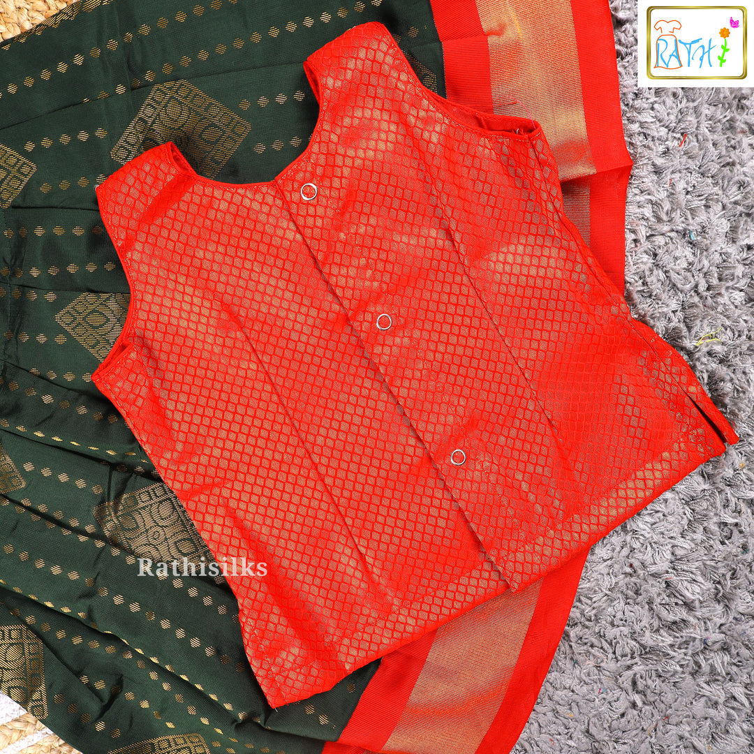 Red Blouse with Dark Green Art Silk Pavadai Set