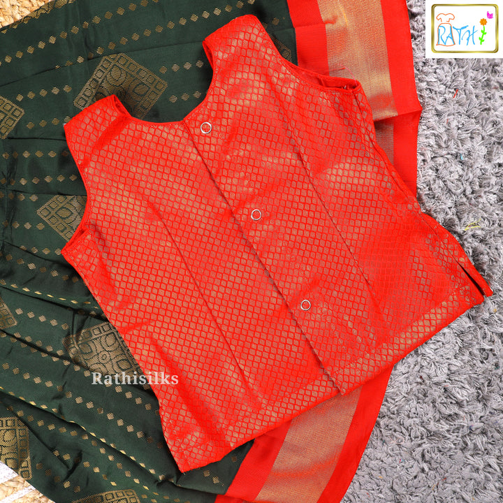 Red Blouse with Dark Green Art Silk Pavadai Set