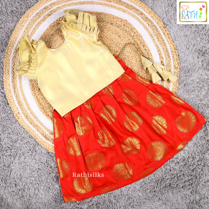Gold Blouse with Red Art Silk Pavadai Set