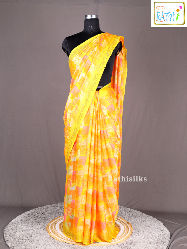 Yellow Satin Printed Saree
