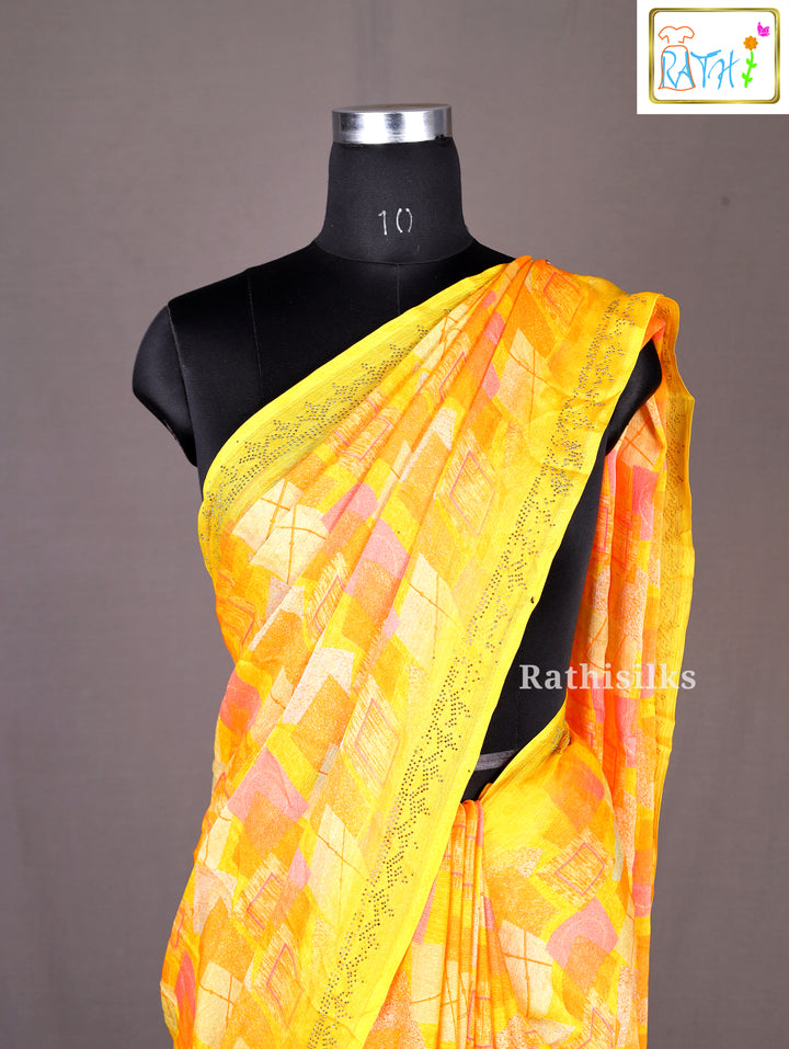 Yellow Satin Printed Saree