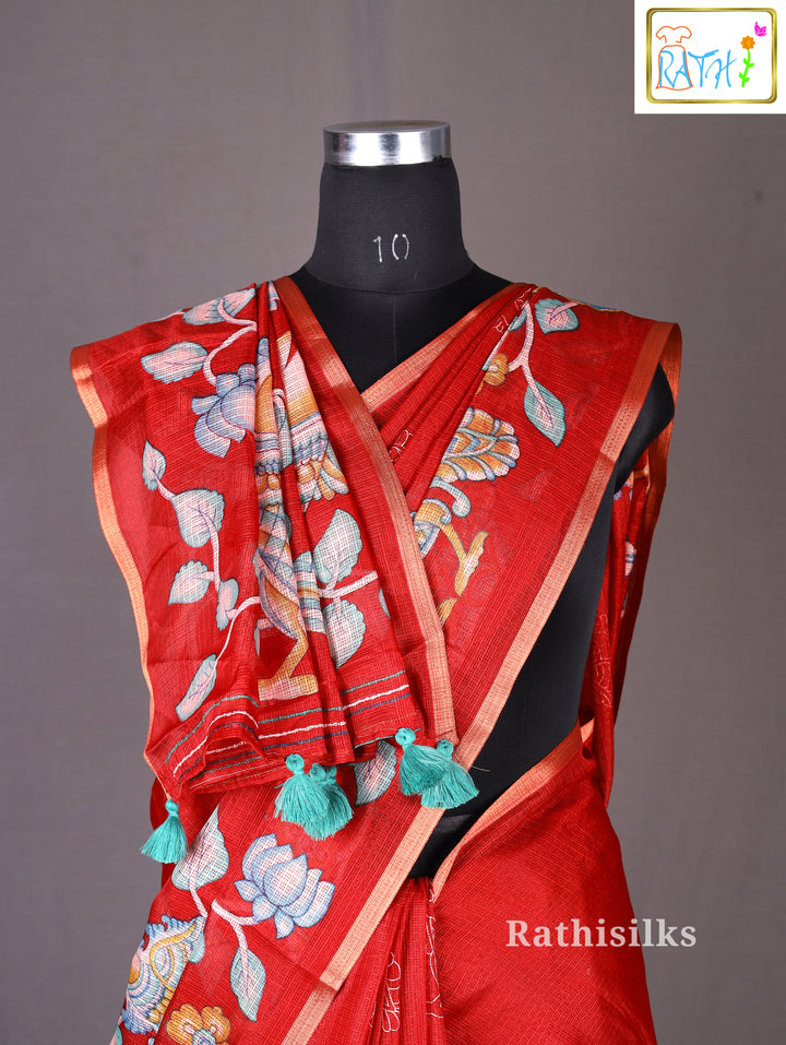 Red Satin Printed Saree