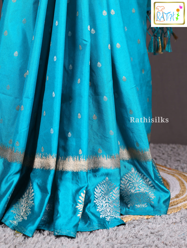 Turquoise Silver Motif Art Silk Saree