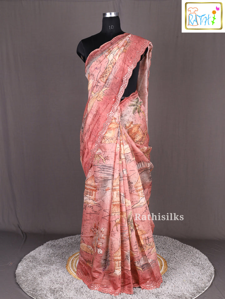 Peach Scallop Border Printed Synthetic Saree