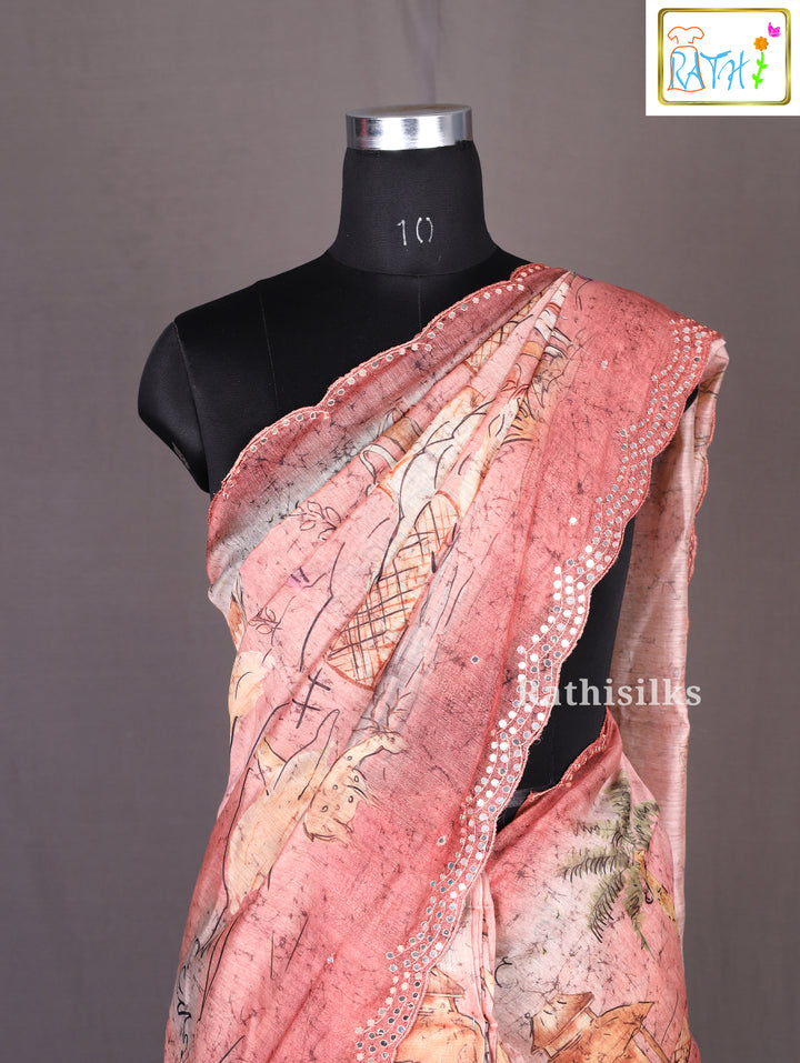Peach Scallop Border Printed Synthetic Saree