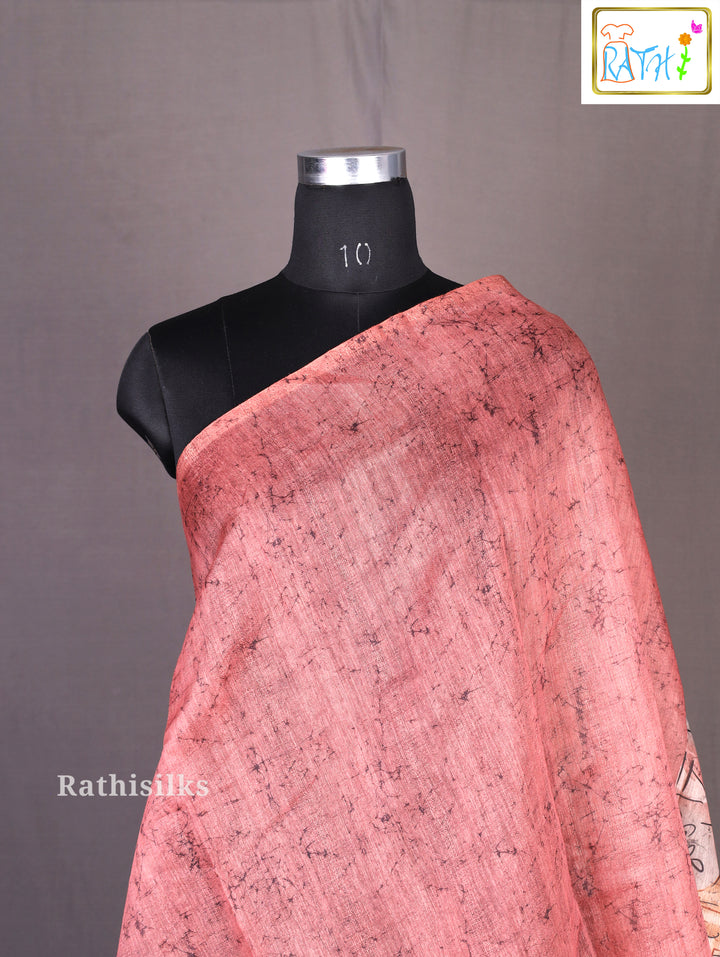 Peach Scallop Border Printed Synthetic Saree