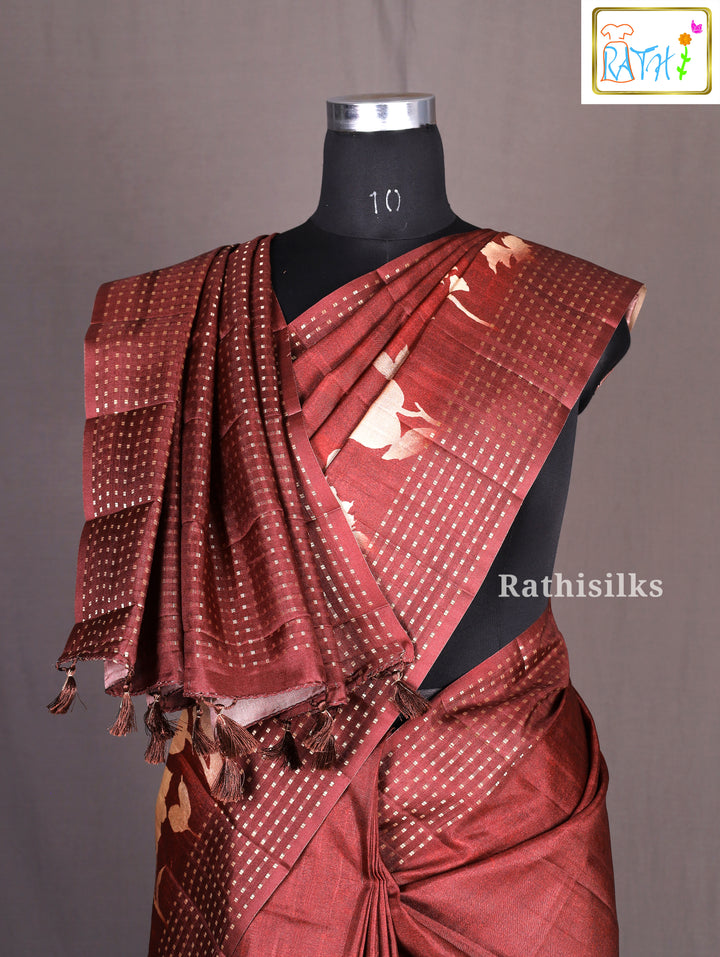 Maroon Floral Border Semi Tussar Saree
