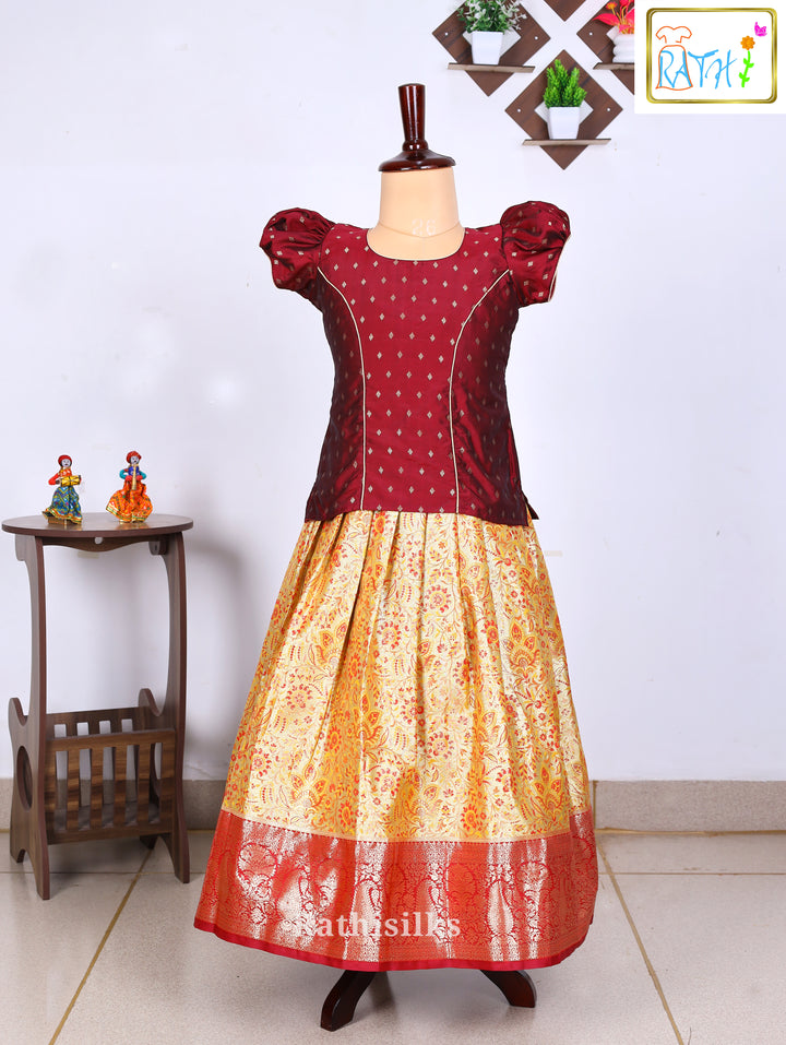 Maroon Karishma Top with Golden Brocade Art Silk Pavadai Set
