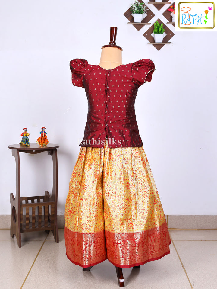 Maroon Karishma Top with Golden Brocade Art Silk Pavadai Set
