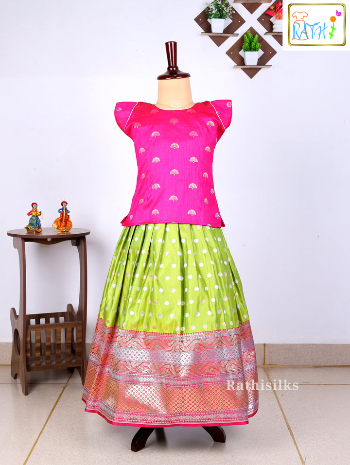Pink Karishma Top with Green Polka Art Silk Pavadai Set