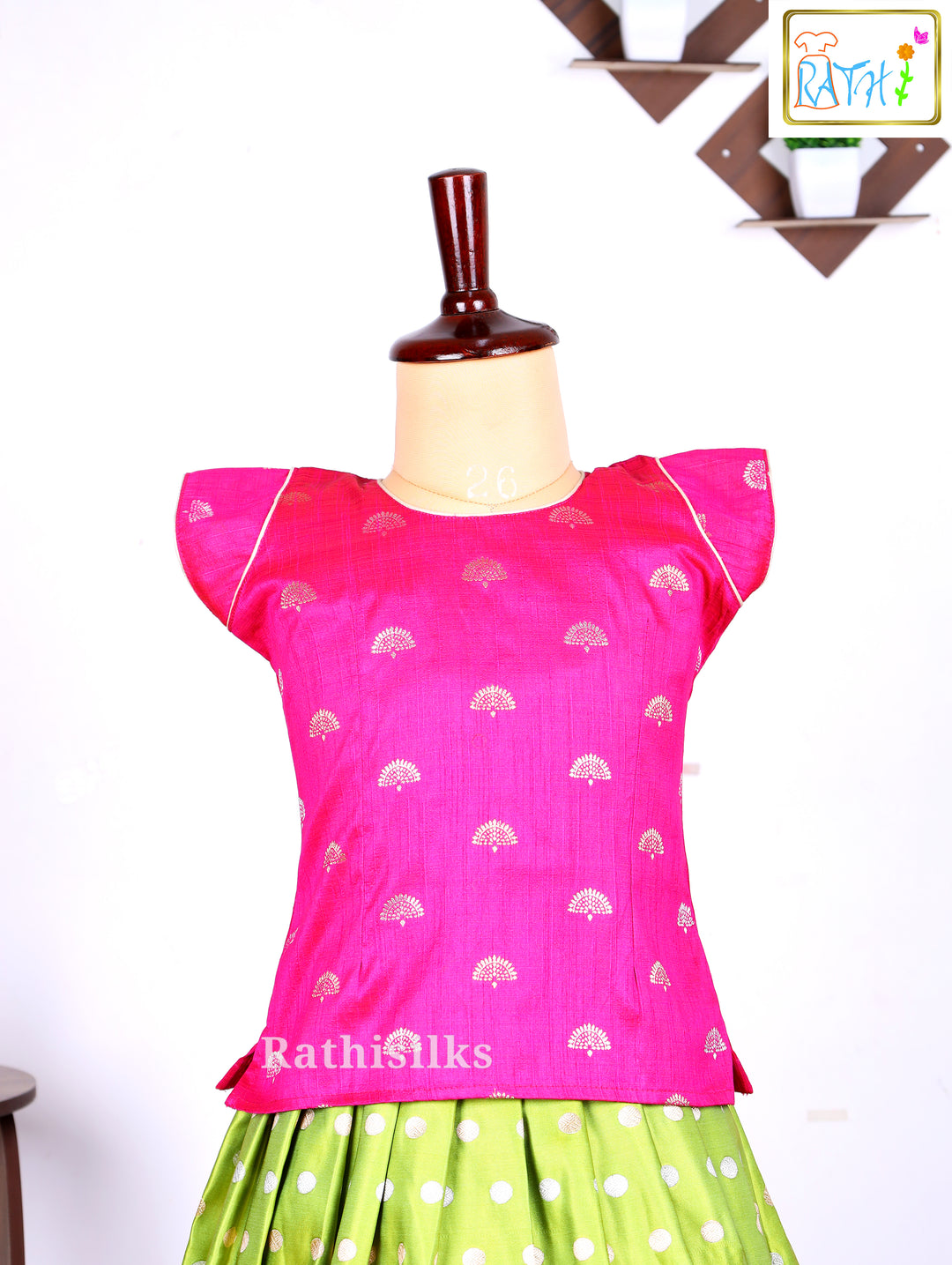Pink Karishma Top with Green Polka Art Silk Pavadai Set