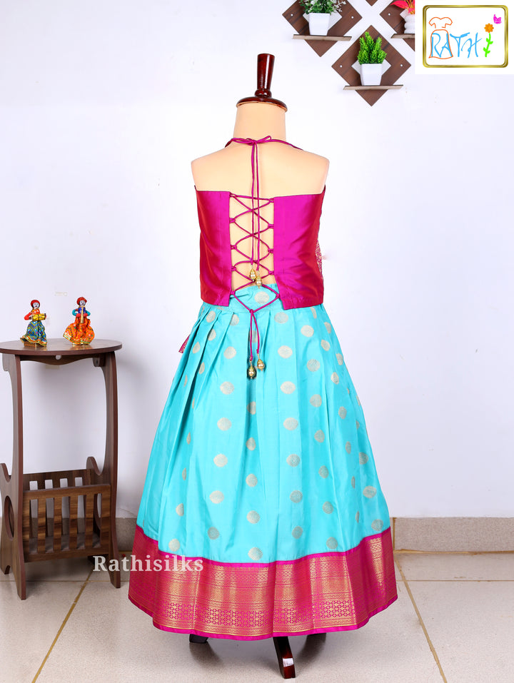 Pink Karishma Top with Aqua Blue Art Silk Pavadai Set