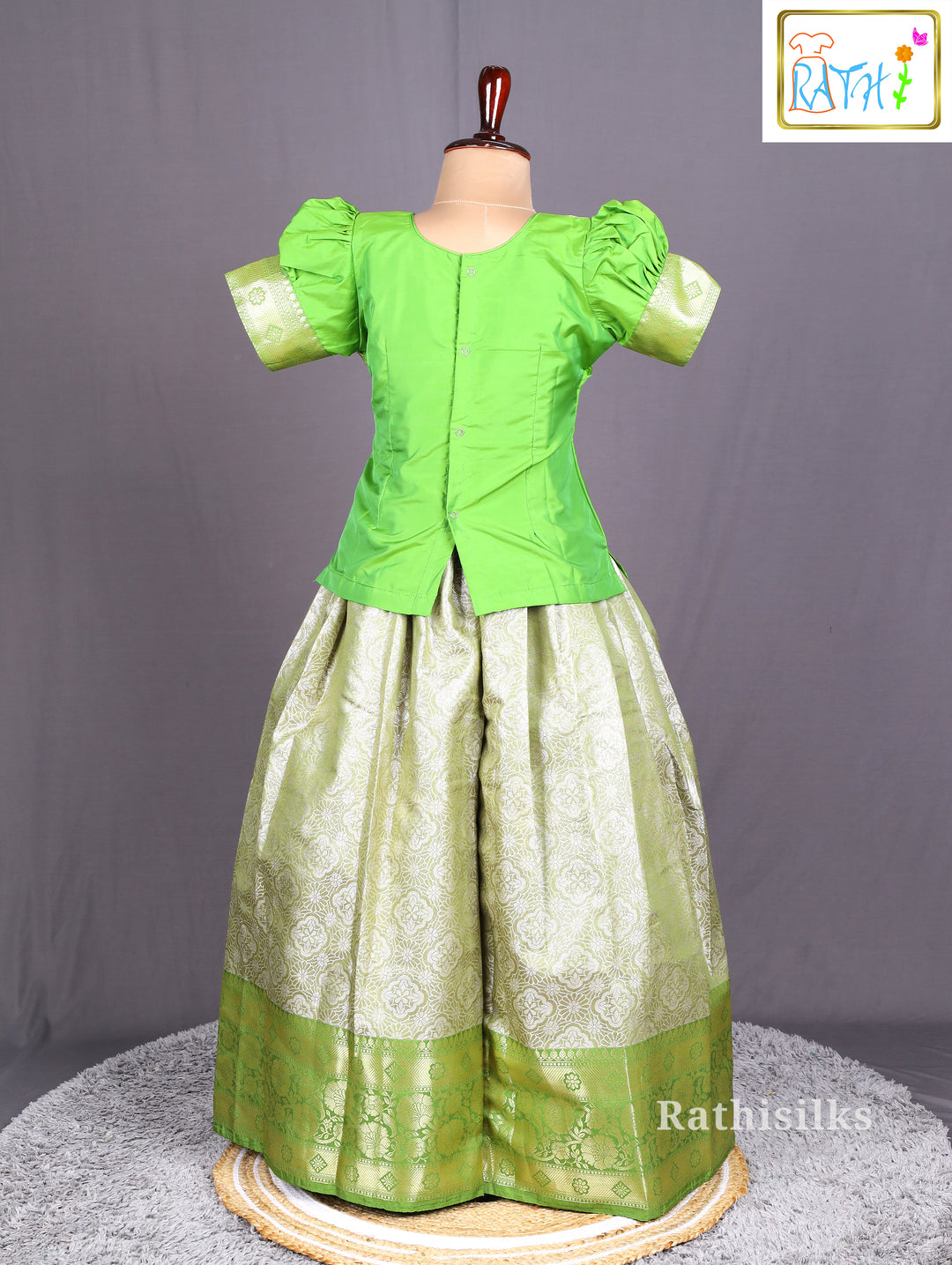 Green Blouse with Silver Zari Woven Art Silk Pavadai Set