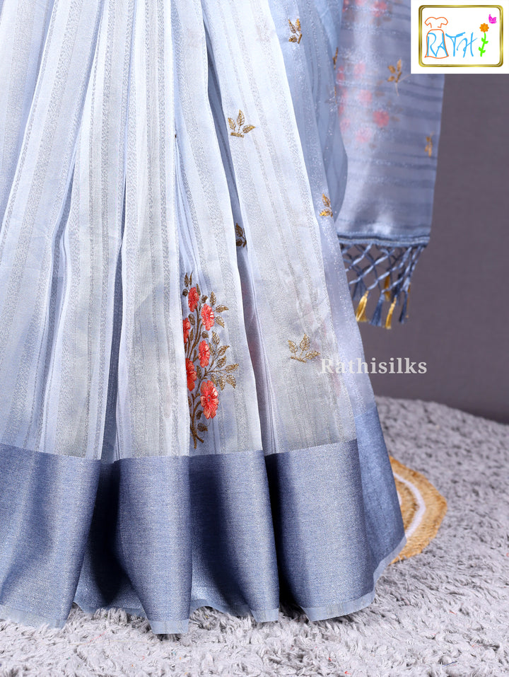 Silver Blue Floral Organza Saree