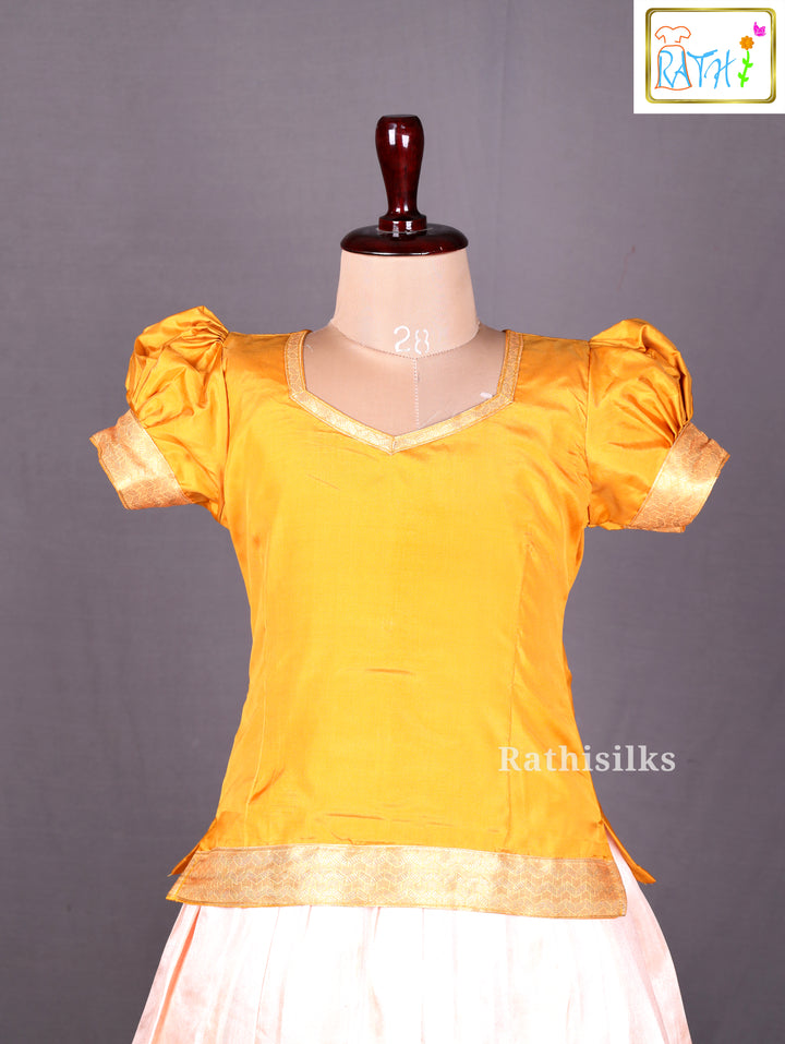 Mustard Blouse &amp; Peach Printed Art Silk Pavadai Set