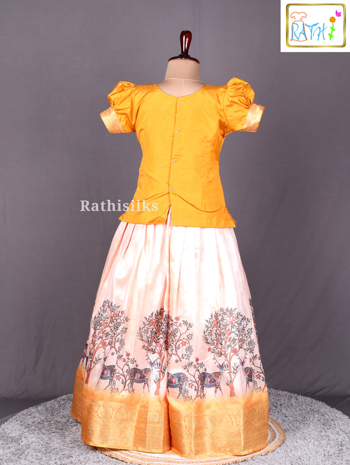 Mustard Blouse &amp; Peach Printed Art Silk Pavadai Set