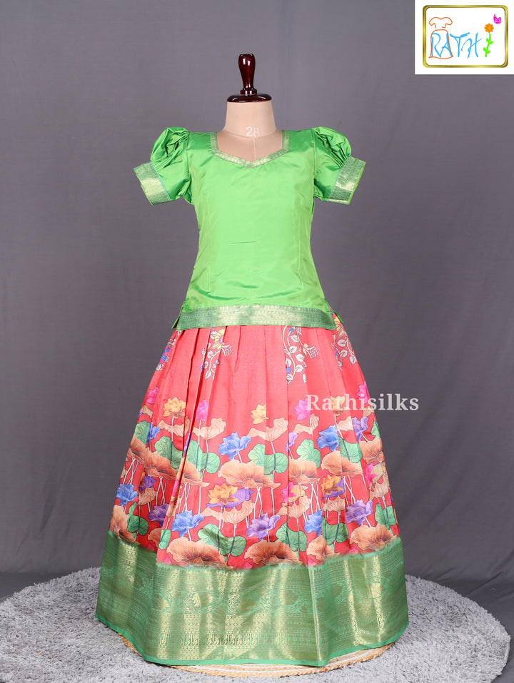 Elegant Green & Coral Art Silk Pavadai Set