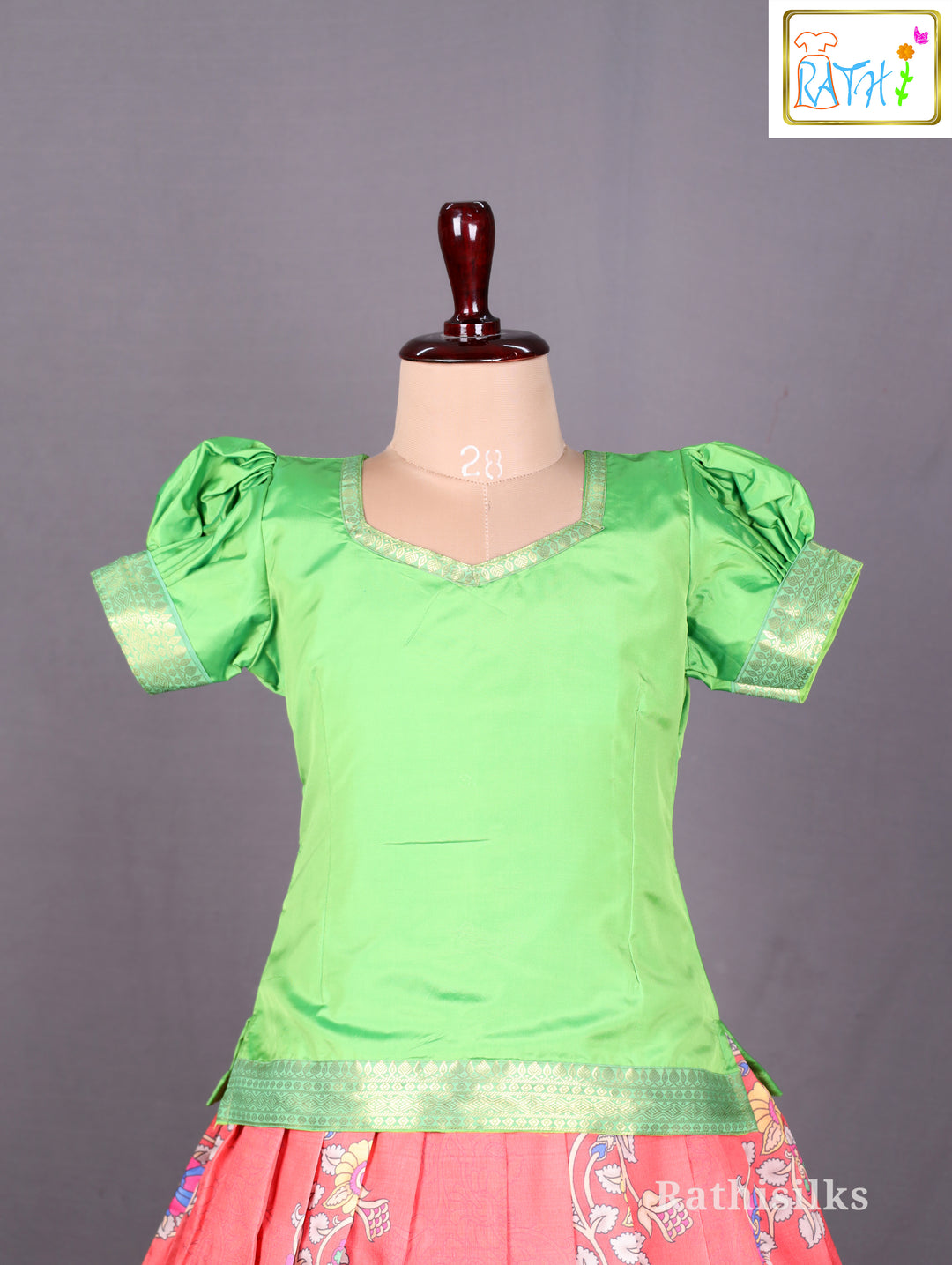 Elegant Green & Coral Art Silk Pavadai Set