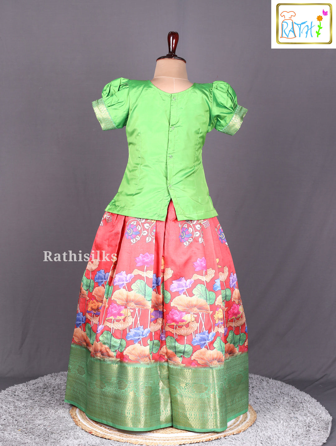 Elegant Green & Coral Art Silk Pavadai Set