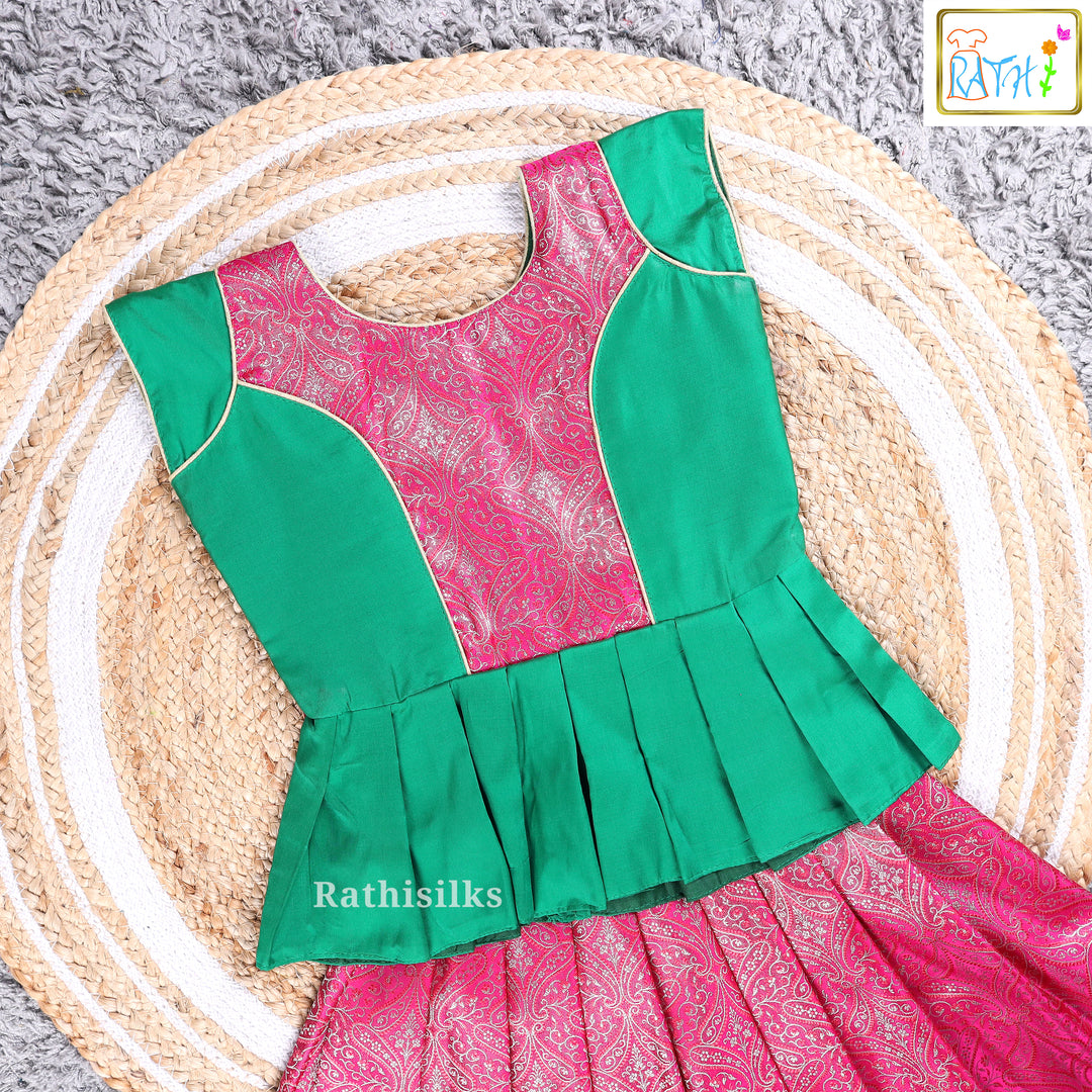 Elegant Green & Pink Art Silk Pavadai Set