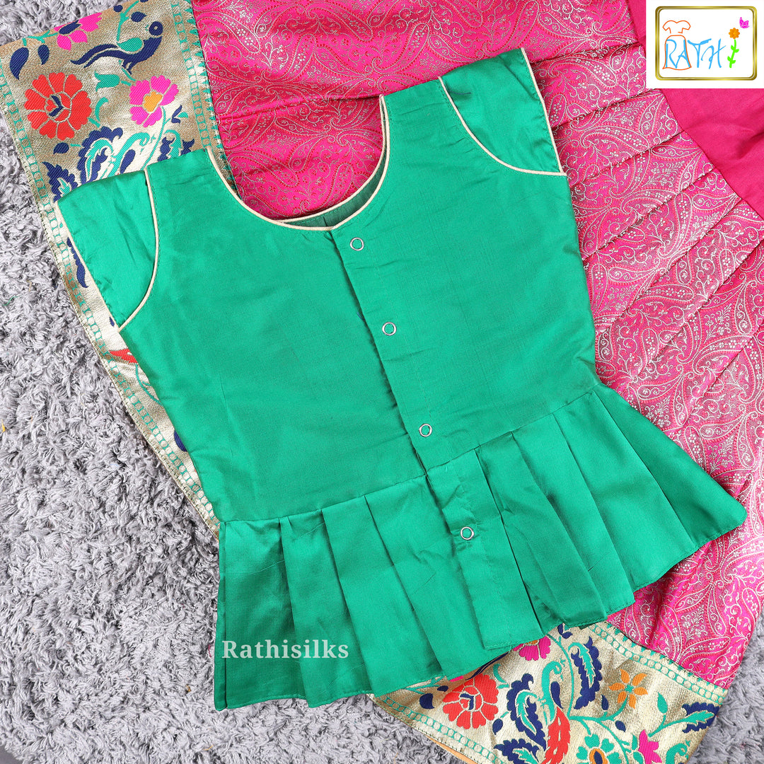 Elegant Green & Pink Art Silk Pavadai Set