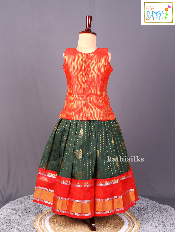 Designer Green & Red Art Silk Pavadai Set