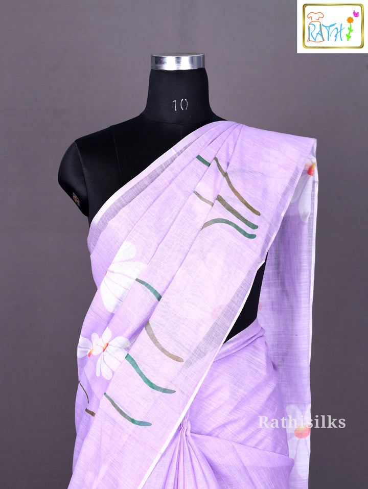 Lavender Linen Cotton Printed Saree