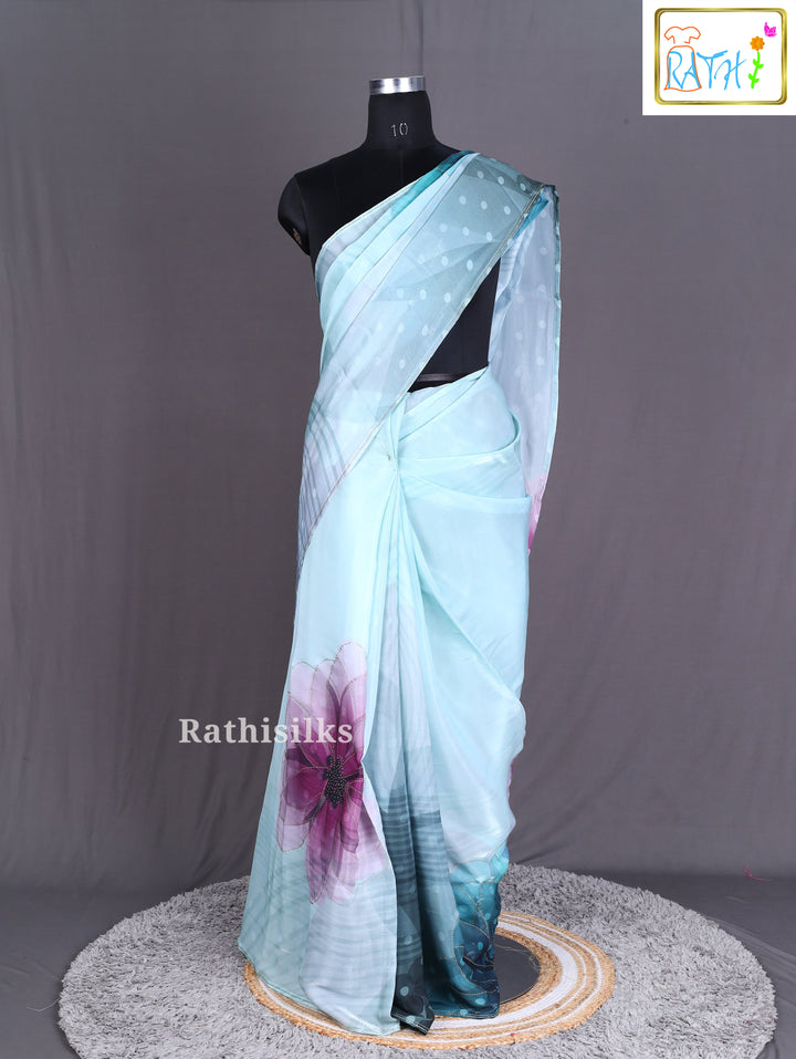 Soft Pastel Blue Satin Saree
