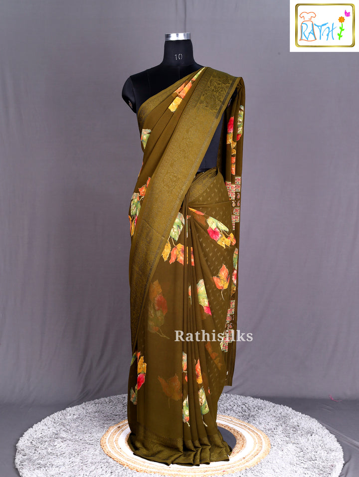 Elegant Olive Green Synthetic Saree