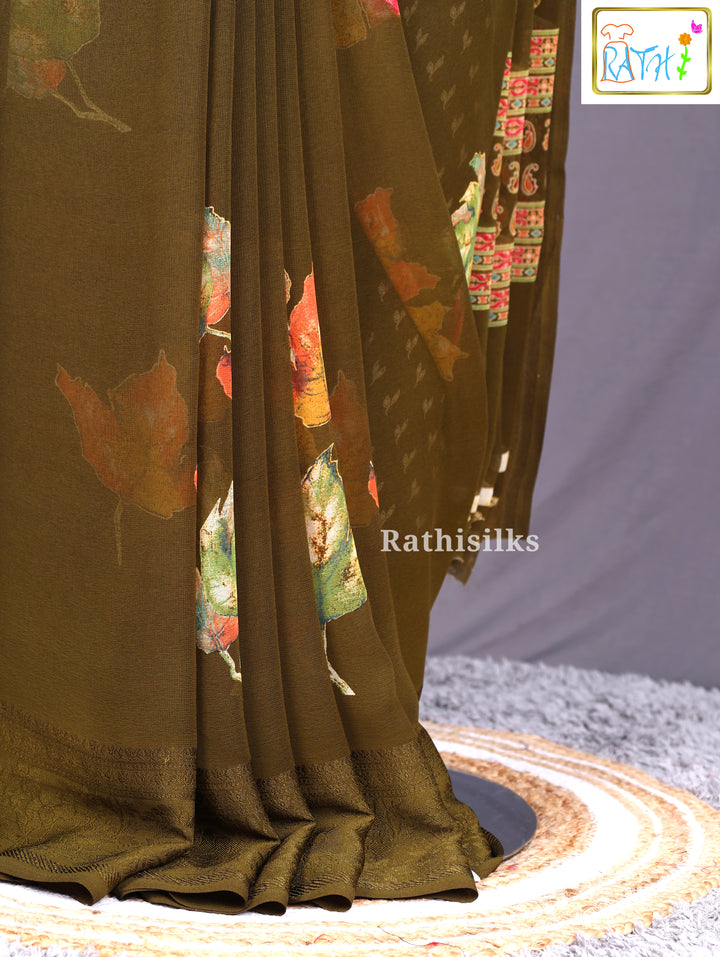Elegant Olive Green Synthetic Saree